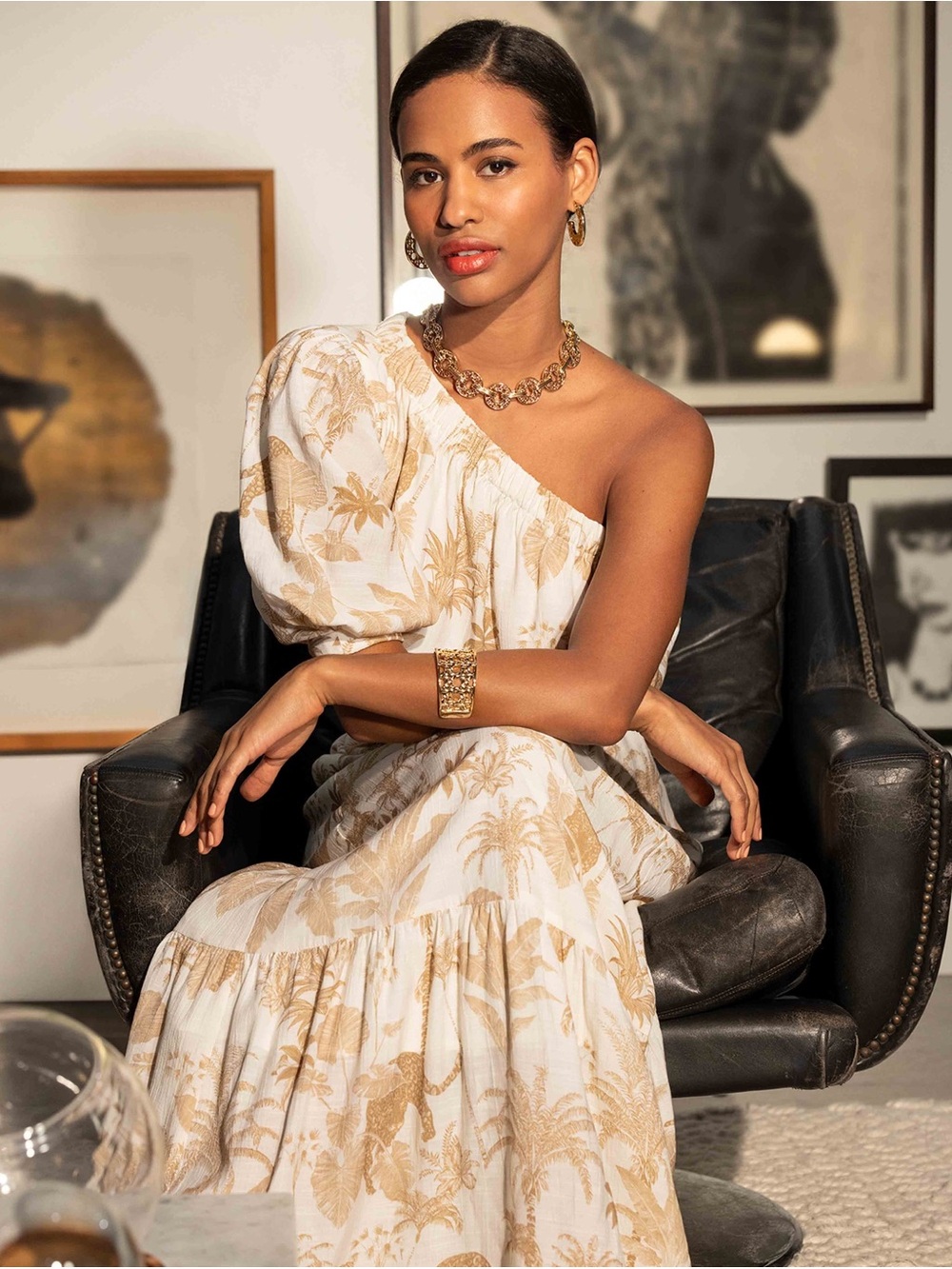 Anne Klein White One-Shoulder Maxi Dress with Gold Palm Print